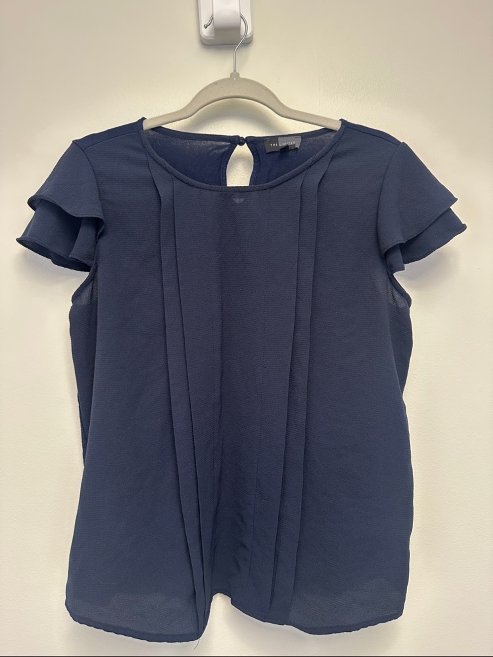 The Limited Navy Pleated Flutter Sleeve Top